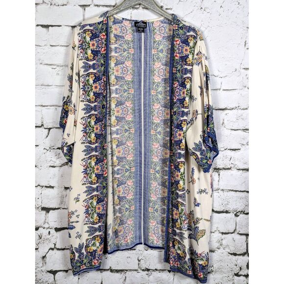 ANGIE Boho Open-Front Kimono Ruana Wrap Swim Cover Floral Large - Picture 2 of 4